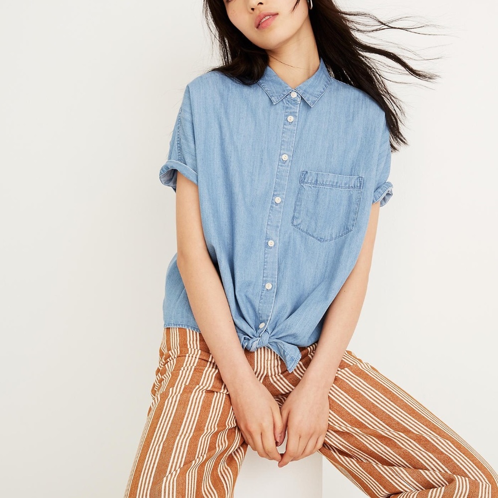 Madewell Denim Short-Sleeve Tie-Front Shirt, XS